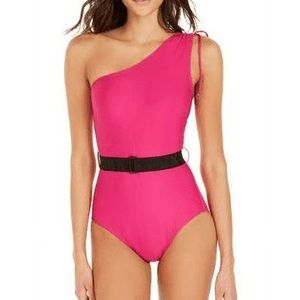 DKNY Orchid Belted One-Shoulder Tummy-Control One-Piece Swimsuit Size 12
